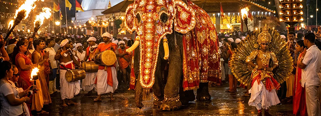 Kandy Esala Perahera sacred elephant procession with lights and drummers